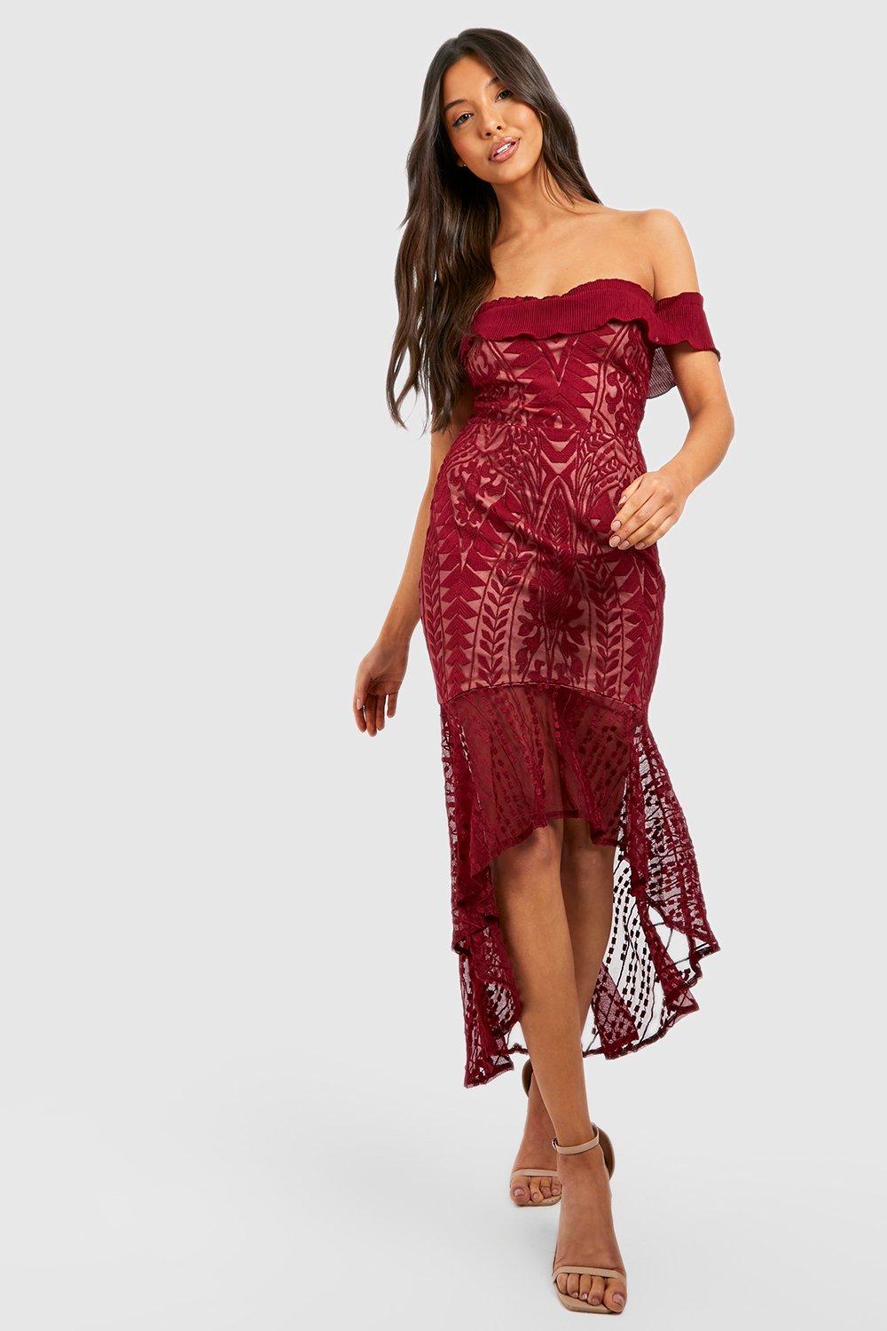 Boohoo burgundy lace discount dress