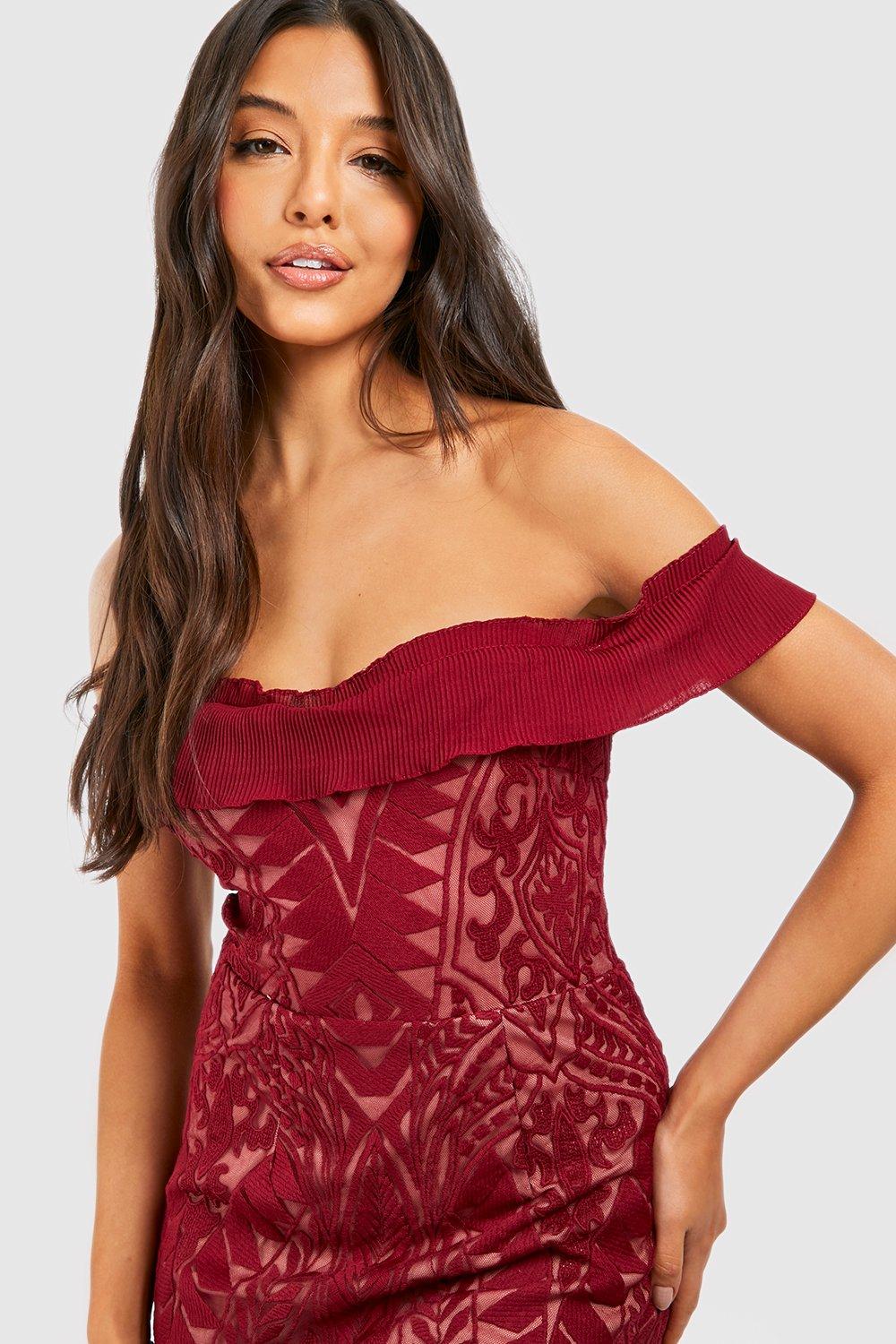 Boohoo red shop bardot dress