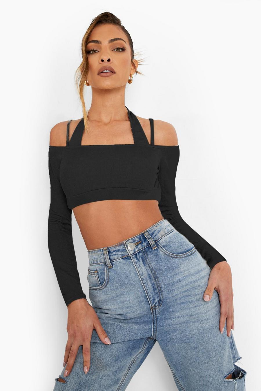 Black Recycled Double Off The Shoulder Crop Top image number 1