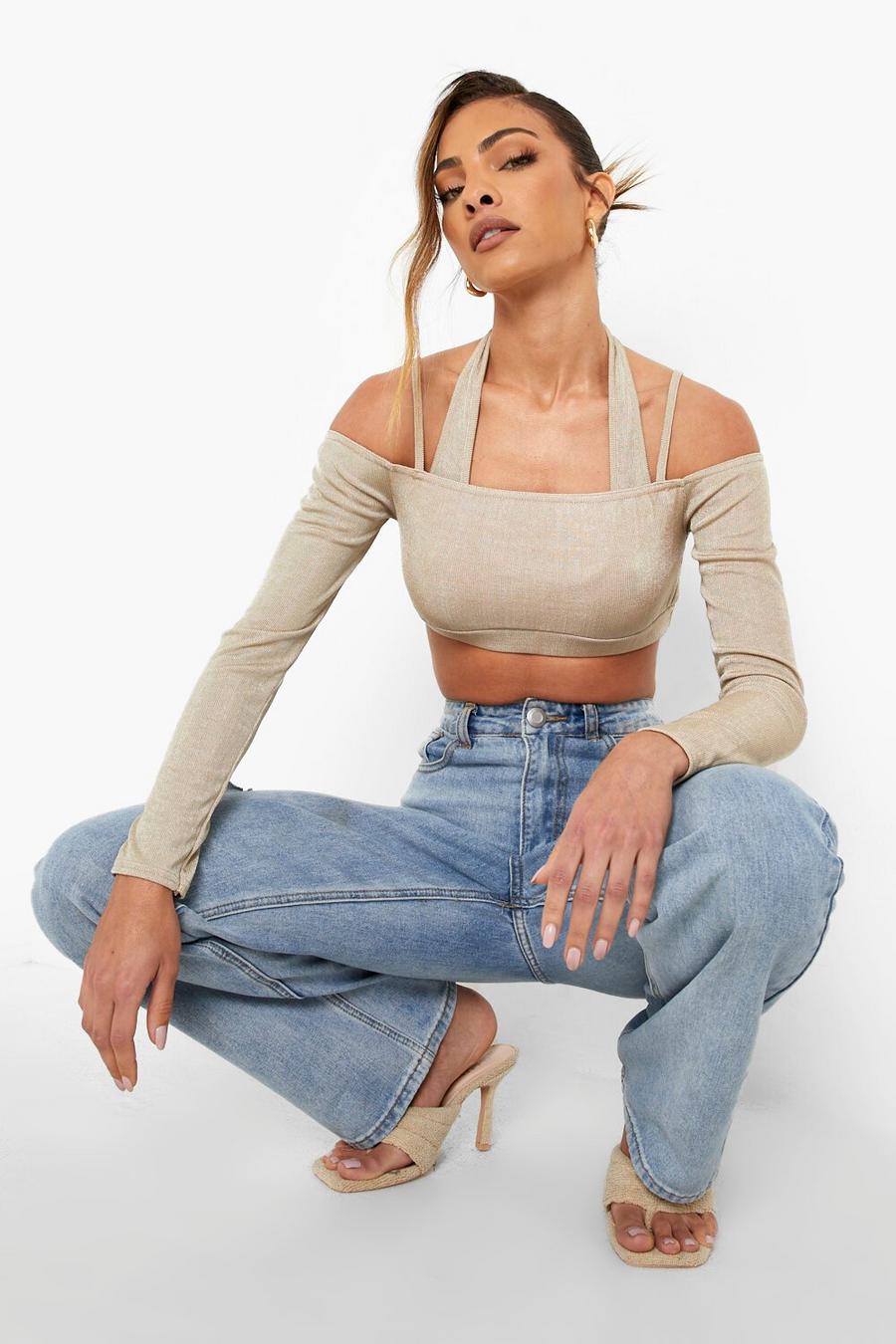 Khaki Recycled Double Off The Shoulder Crop Top image number 1