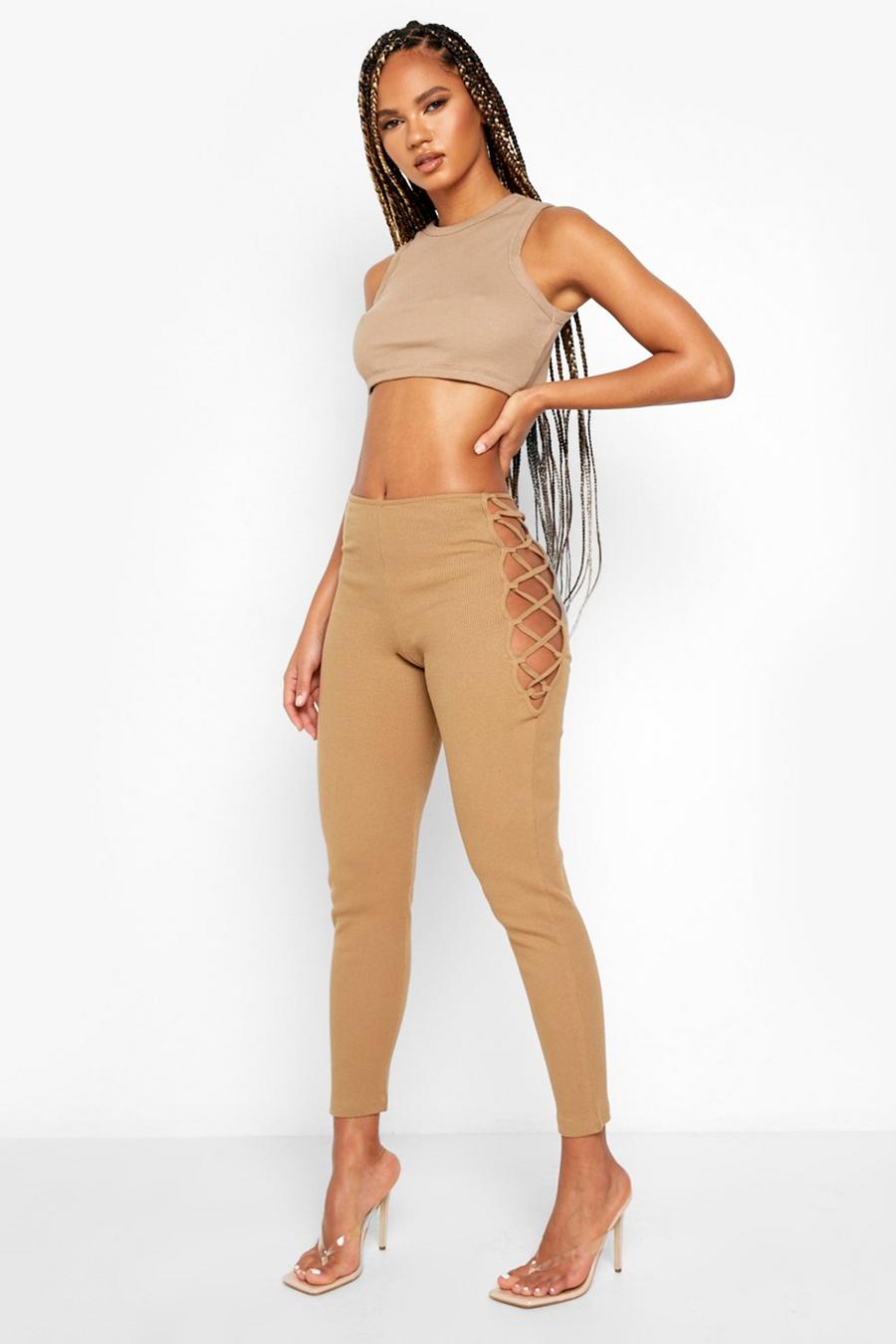 Chocolate brown Rib Lace Up Side Leggings