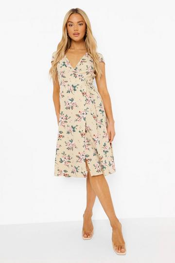 Stone Beige Floral Print Wrap Dress