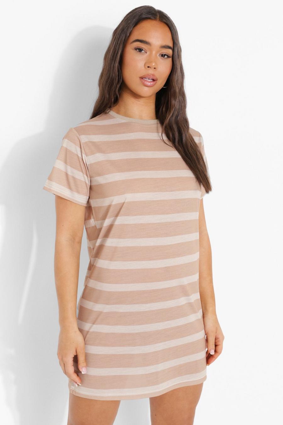 Camel Tonal Stripe Short Sleeve T Shirt Dress image number 1