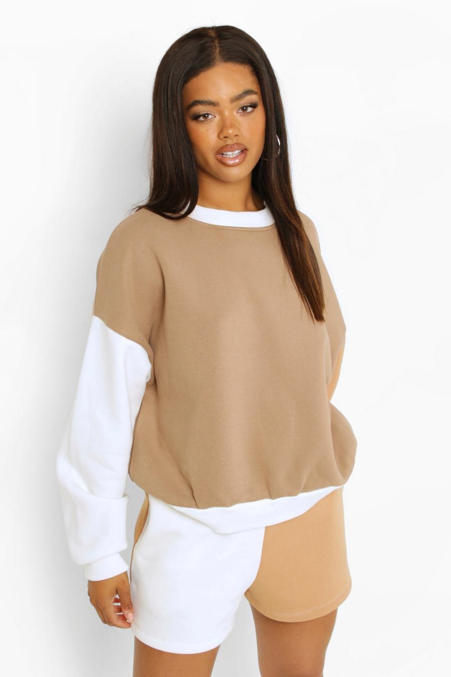 Taupe Color Block Short Sweater Tracksuit image number 1