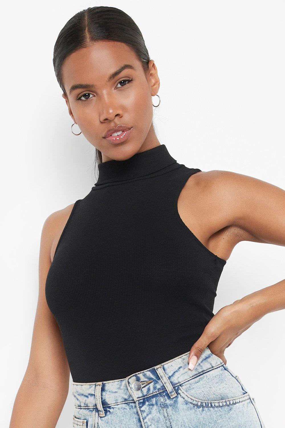 Women Ribbed Knit High Neck Crop Top Sleeveless Turtleneck Hollow