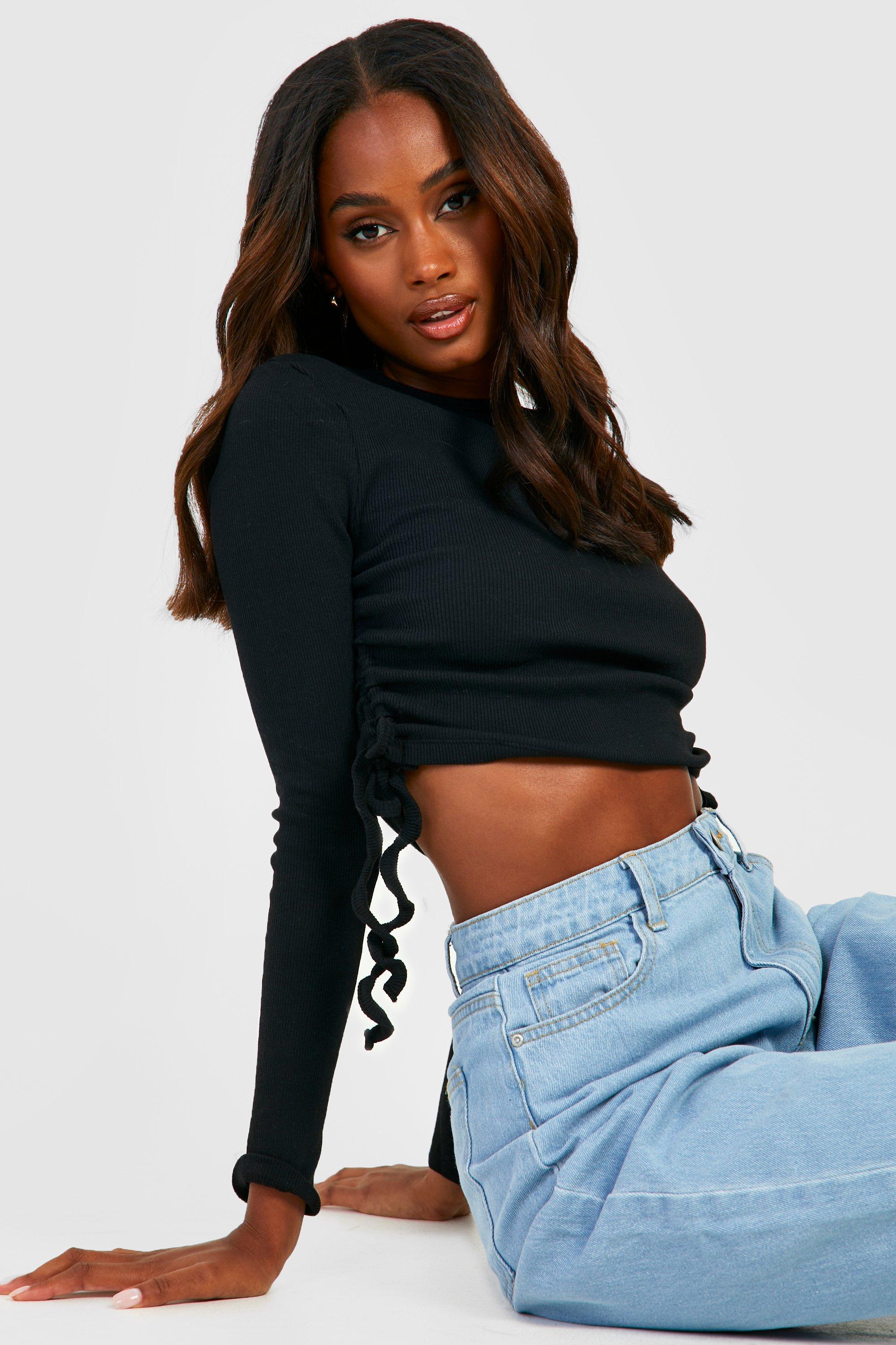 conspiracy violation Objected Recycled Side Ruched Long Sleeve Crop Top | boohoo