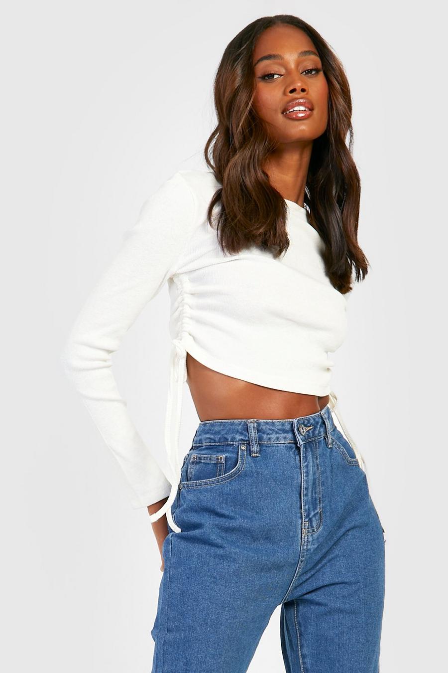 Ecru Recycled Side Ruched Long Sleeve Crop Top image number 1