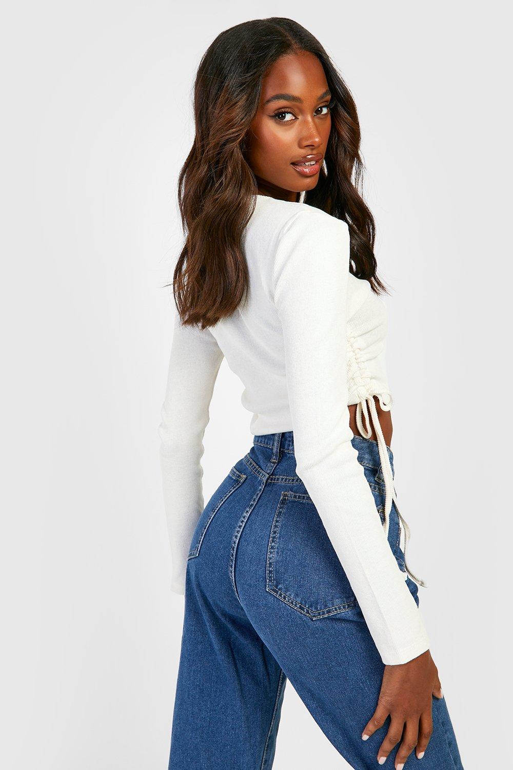 white ruched long sleeve top