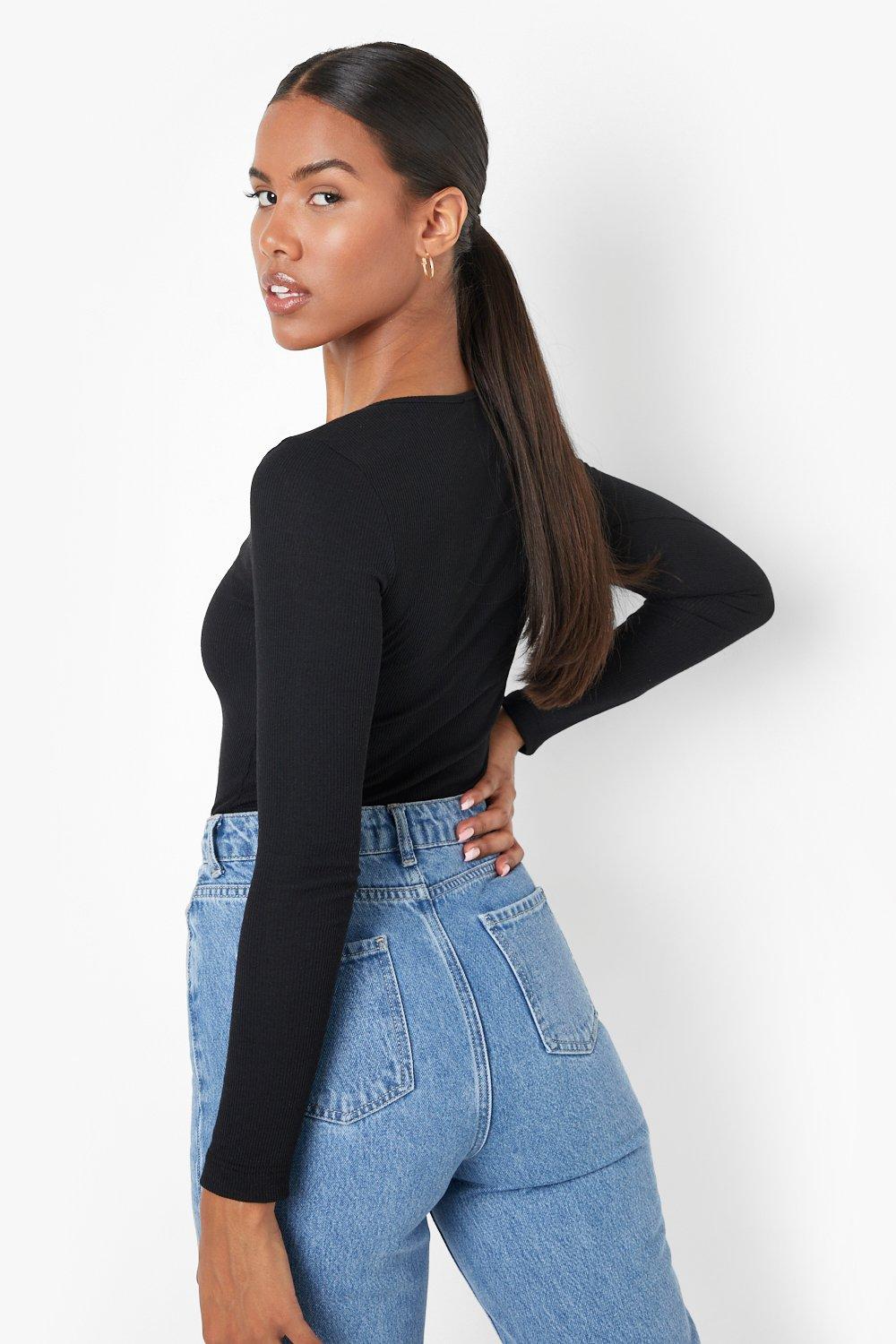 Rib Notch Neck Long Sleeve Bodysuit | boohoo