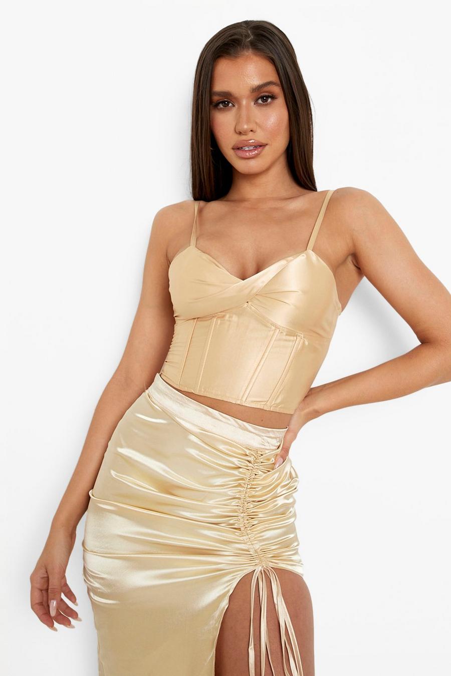 Champagne Satin Boned Corset Style Crop Top image number 1