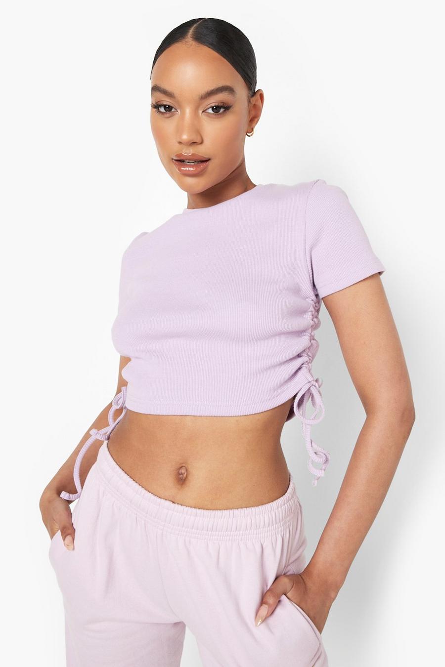 Lilac Rib Short Sleeve Side Ruched Crop Top image number 1