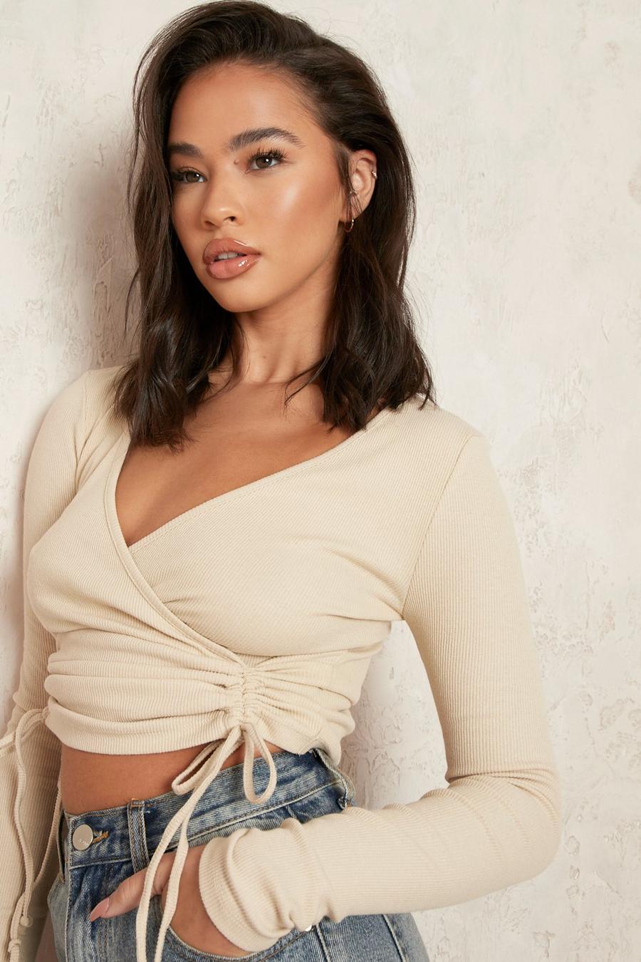 Stone Front Ruched Long Sleeve Crop Top image number 1