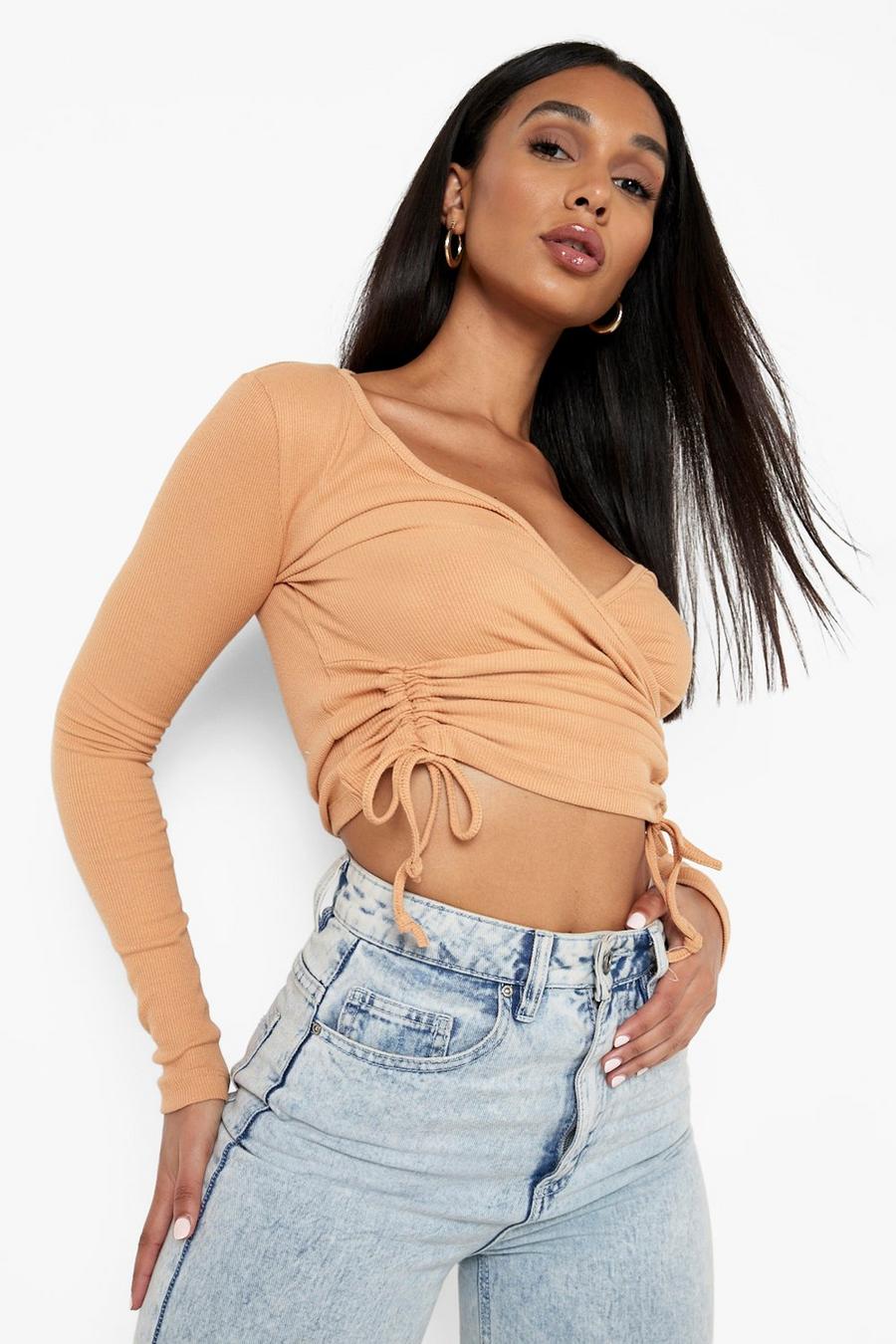 Taupe Front Ruched Long Sleeve Crop Top image number 1