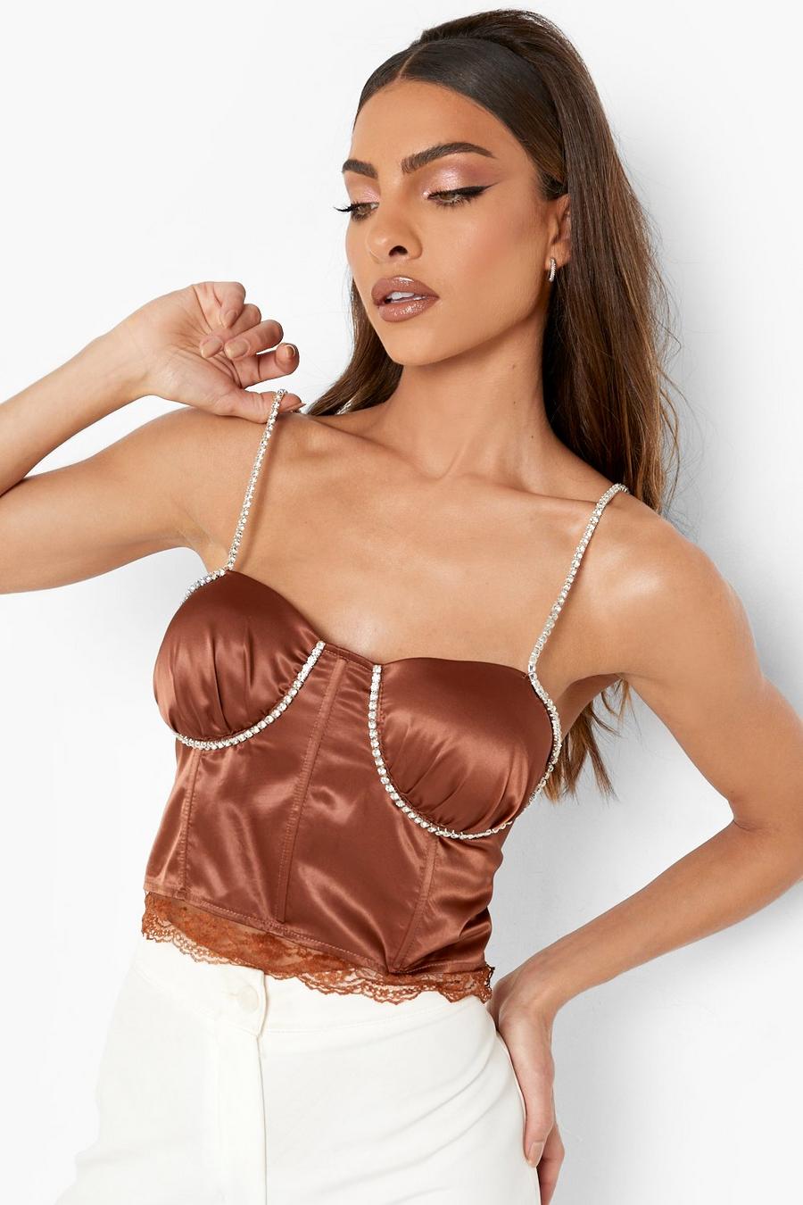 Top style corset avec bretelles en strass, Light brown image number 1