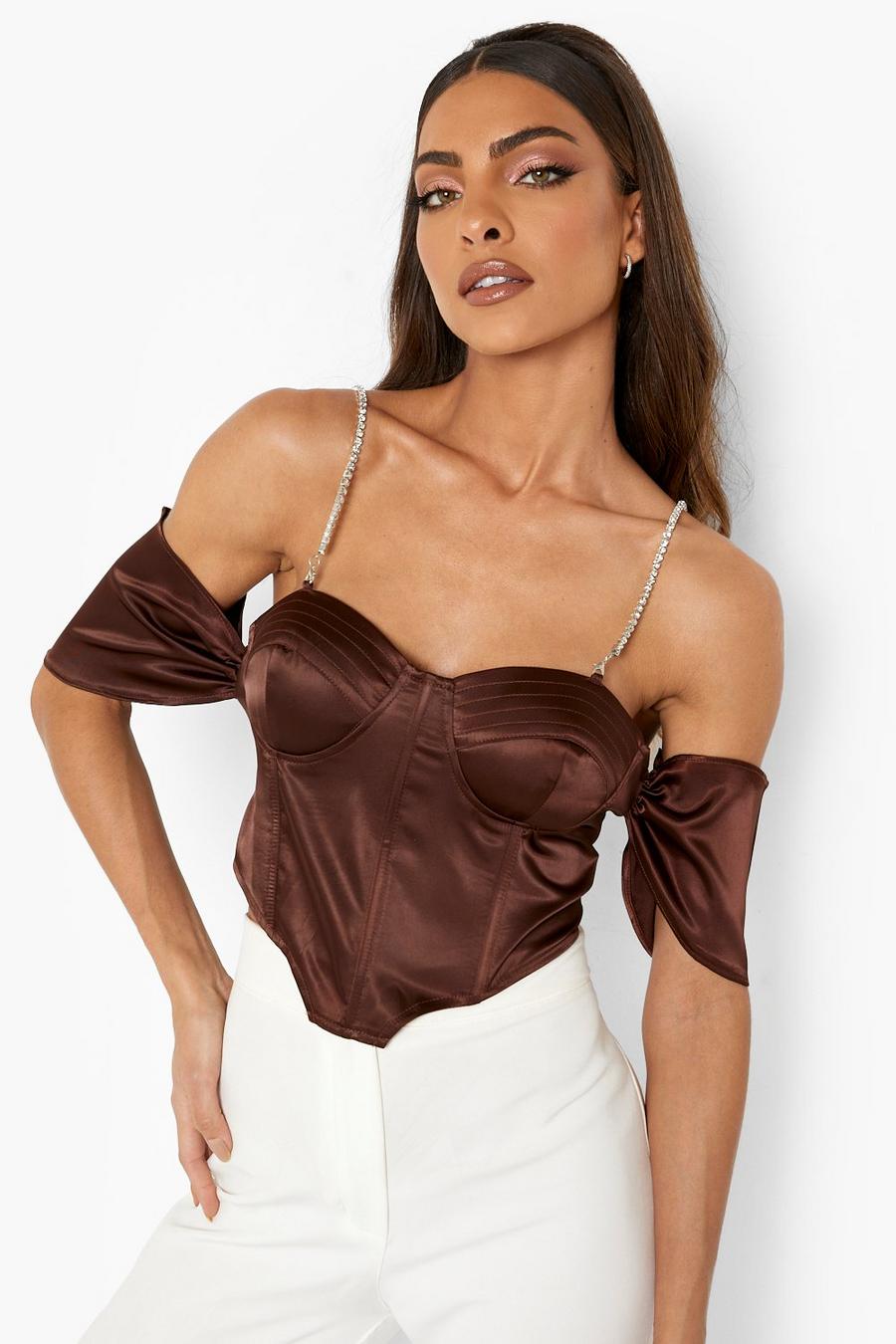 Top style corset à bretelles en strass, Chocolate image number 1