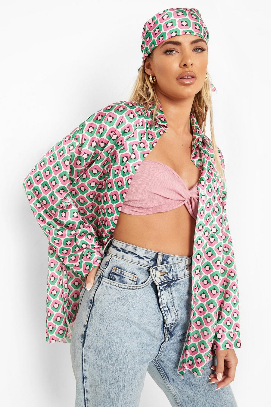 Bottle green Printed Oversized Shirt And Head Scarf image number 1