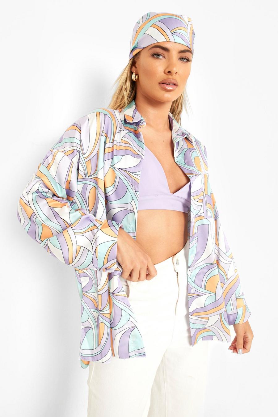 Lilac Printed Oversized Shirt And Head Scarf image number 1