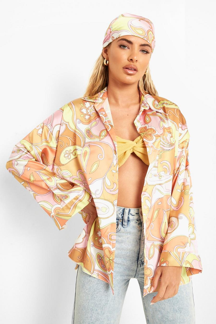 Pale pink rosa Printed Oversized Shirt And Head Scarf   image number 1