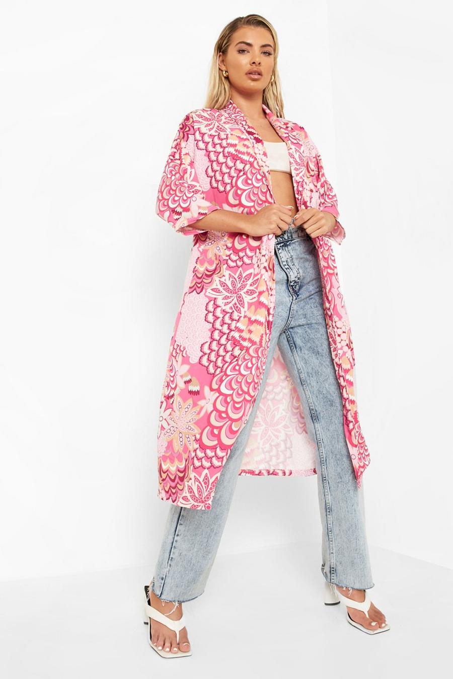 Maxi kimono in raso a fiori, Pink image number 1