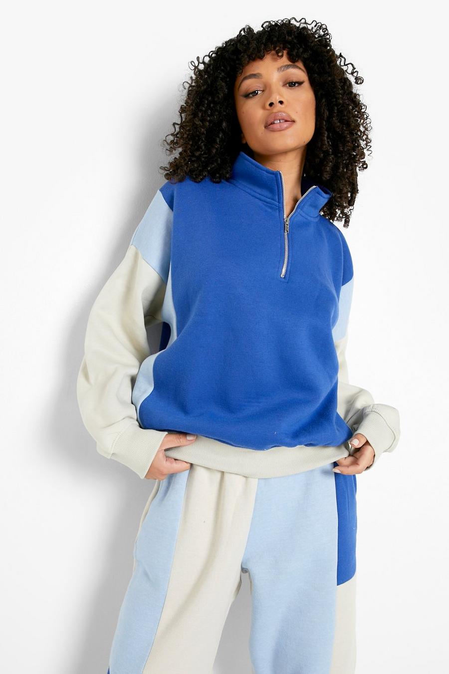Cobalt Sweatshirt med blockfärger och kort dragkedja image number 1