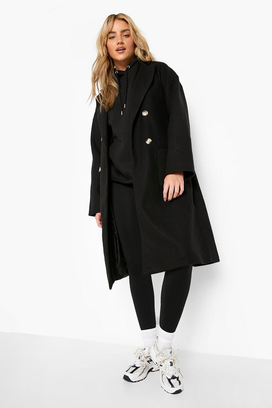 Black Double Breasted Belted Wool Look Coat image number 1