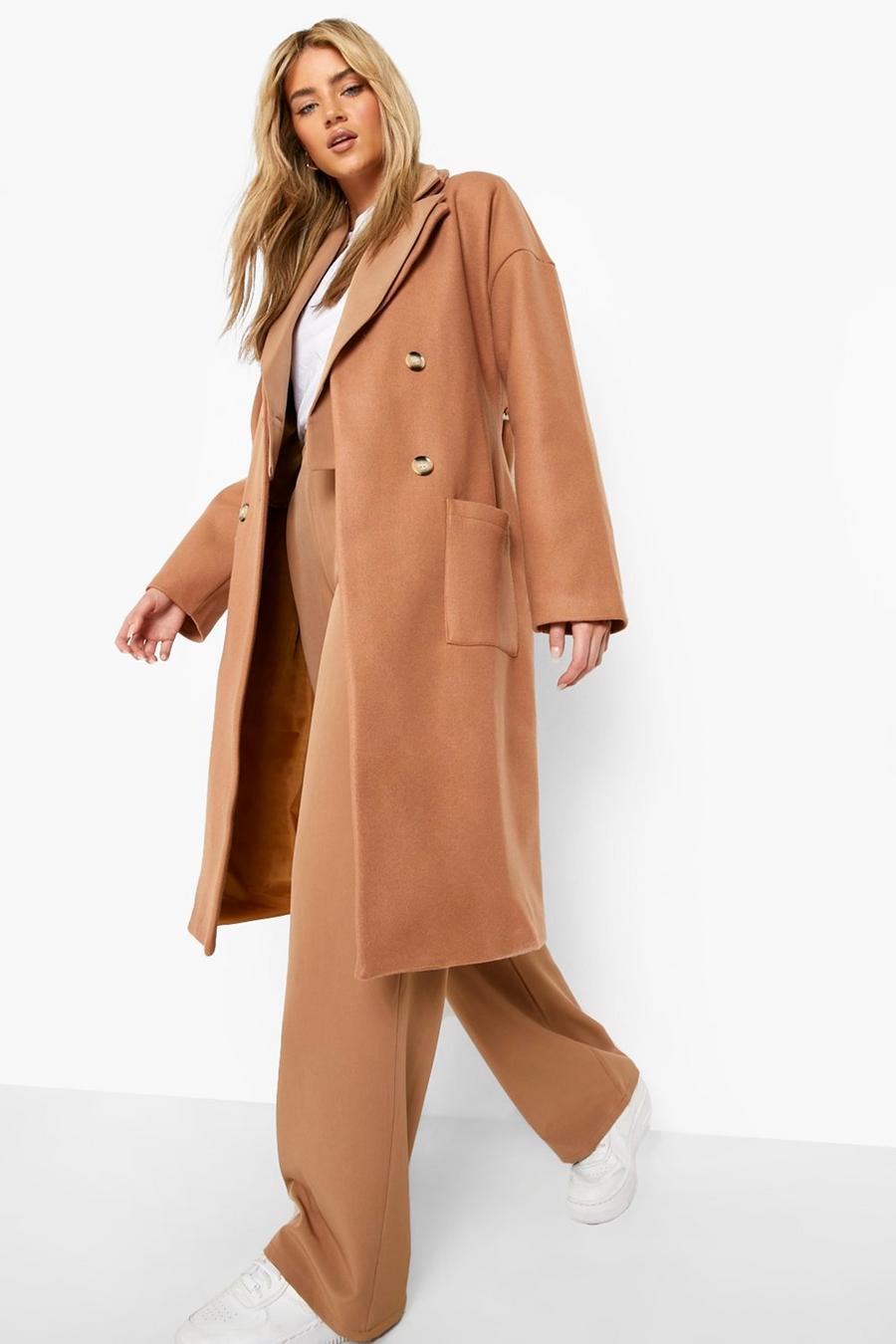 Camel Double Breasted Belted Wool Look Coat image number 1