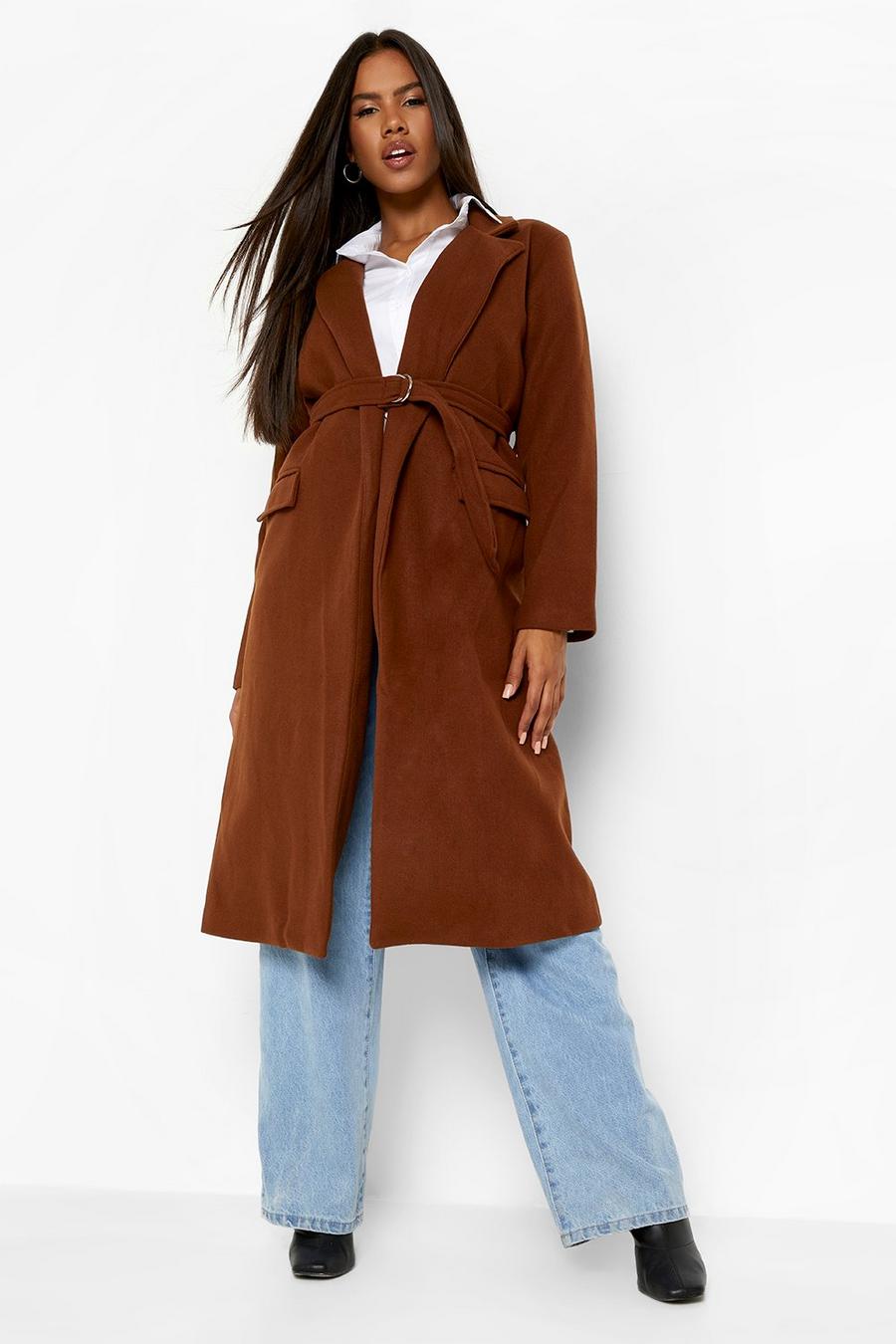 Chocolate Belted Wool Look Wrap Coat image number 1