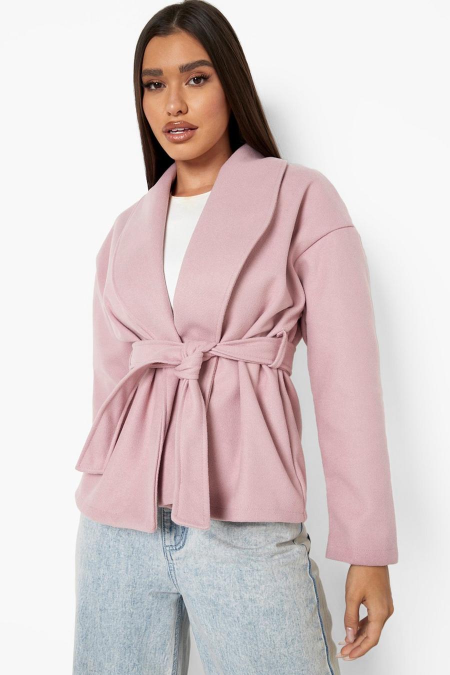 Manteau cache-coeur effet laine à ceinture, Dusky pink image number 1
