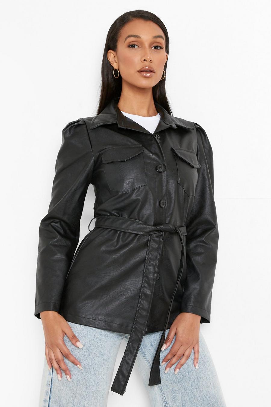 Camisa chaqueta de cuero sintético con cinturón y detalle de bolsillo, Black image number 1
