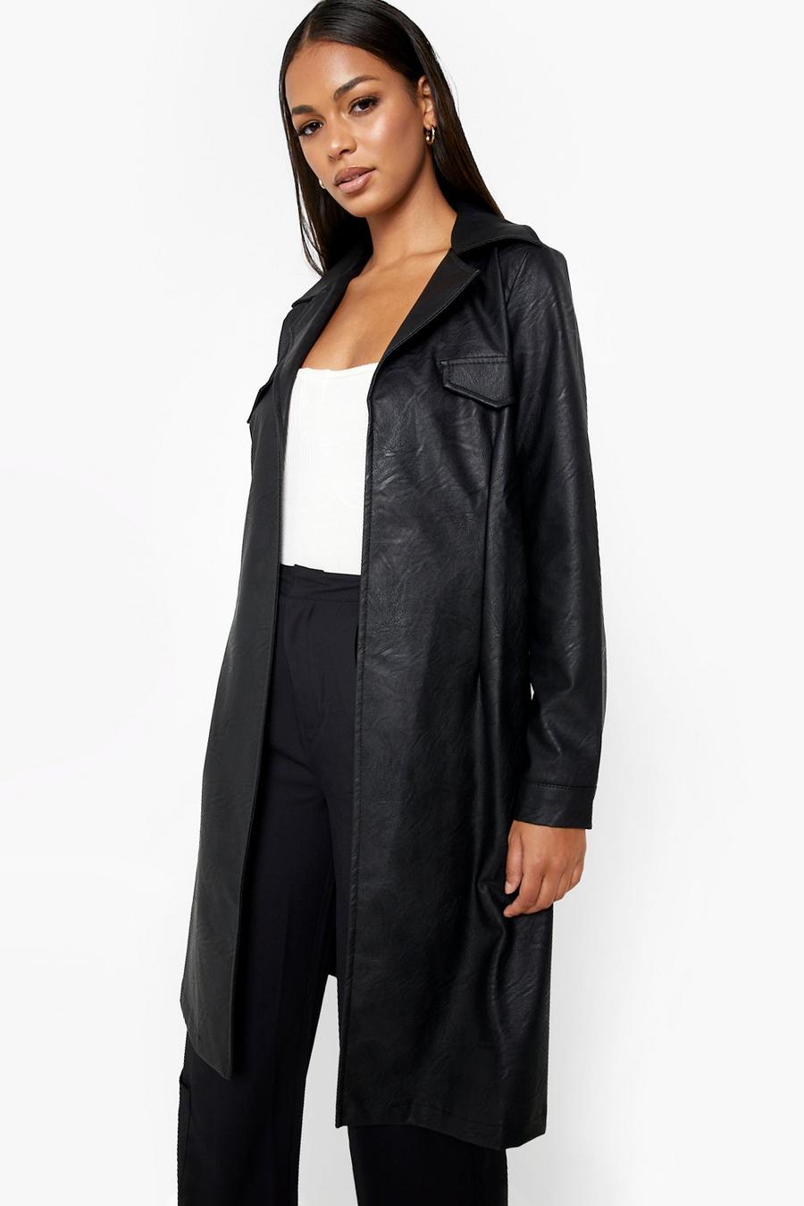 Black Longline Belted Faux Leather Trench Coat image number 1