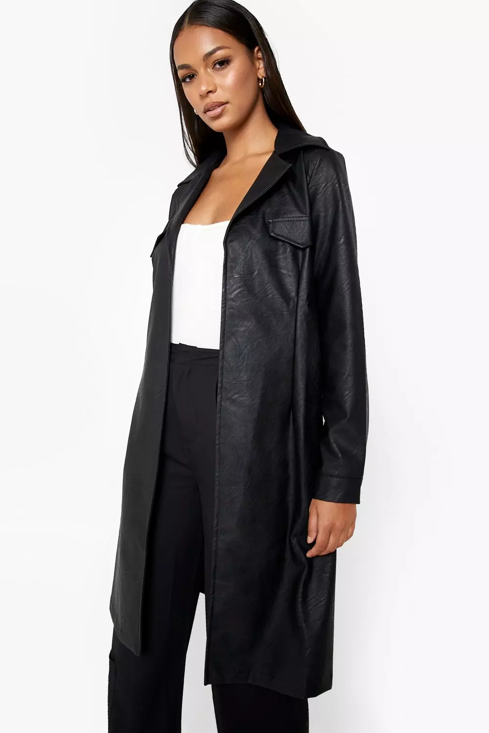 Faux leather 2024 longline jacket