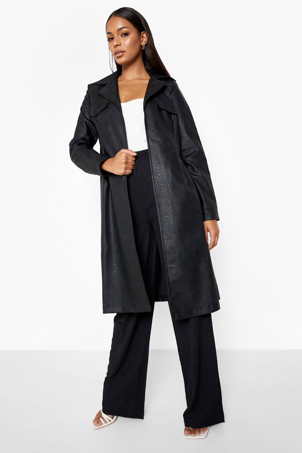 Faux Leather Belted Longline Trench Coat