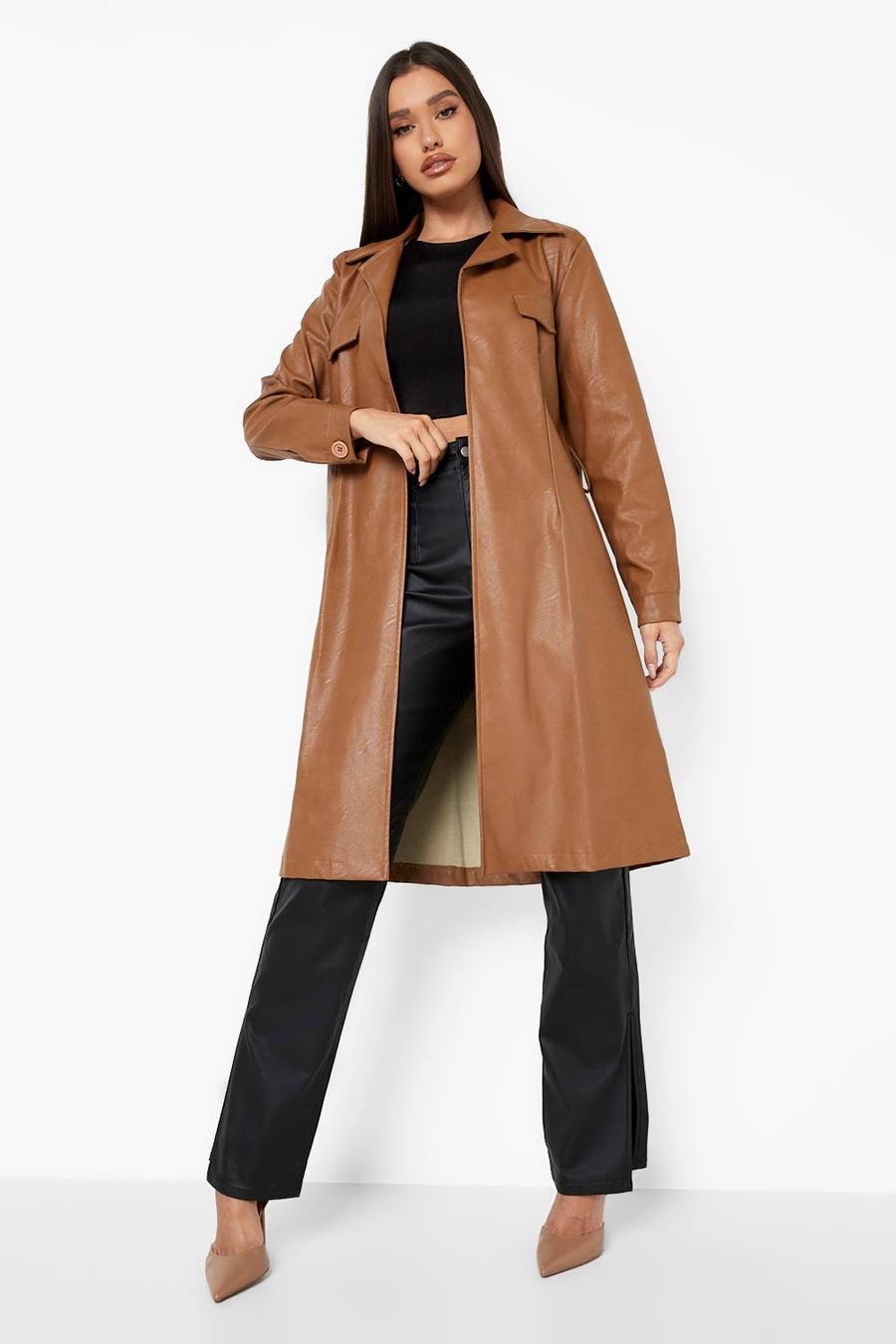 Camel Longline Belted Faux Leather Trench Coat image number 1