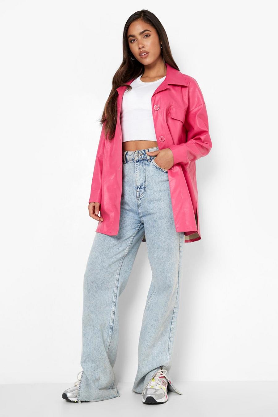 Camisa chaqueta súper oversize de cuero sintético, Hot pink image number 1