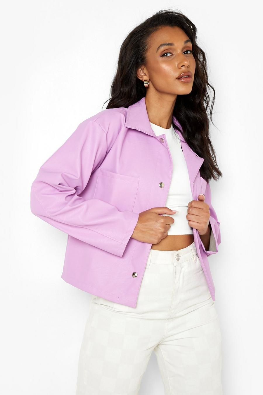 Lilac Crop Faux Leather Jacket image number 1