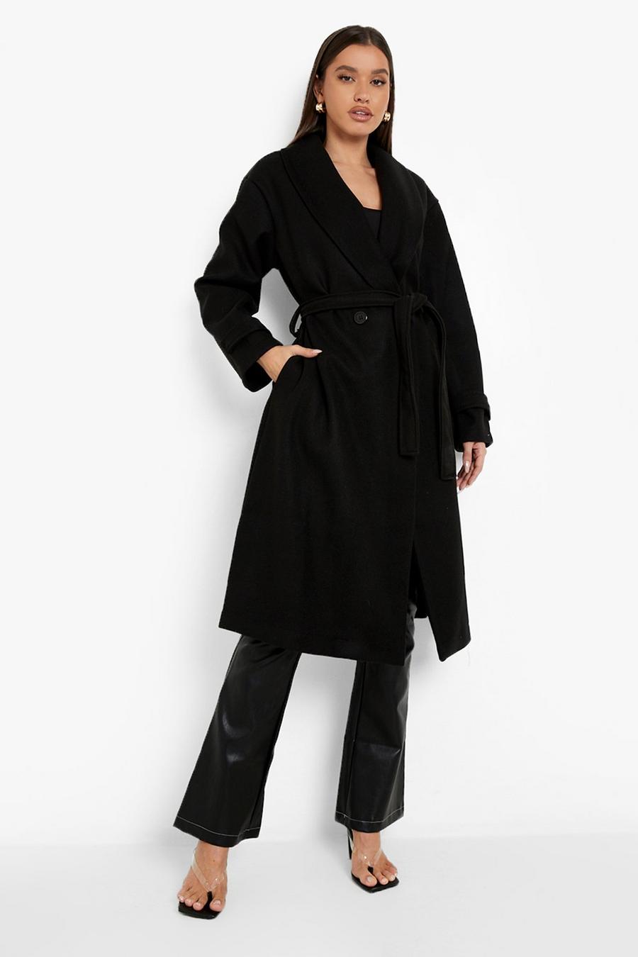 Black Belted Wool Look Robe Coat image number 1