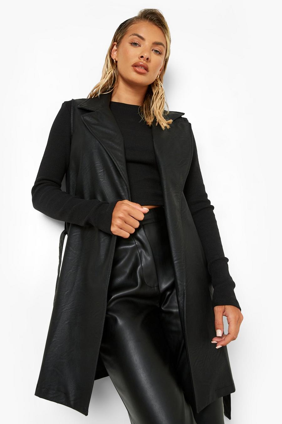 Black Sleeveless Belted Faux Leather Jacket image number 1