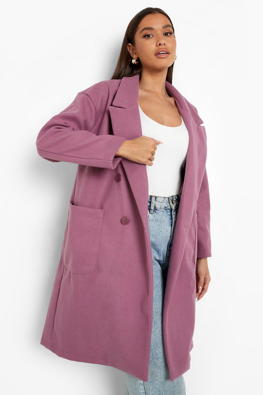 Lilac Double Breasted Pocket Detail Wool Look Coat image number 1