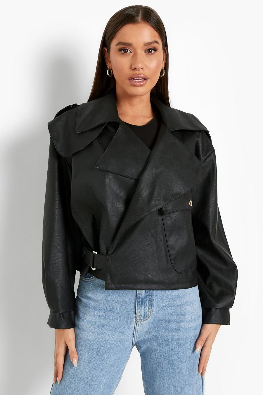 Black Oversized Faux Leather Pocket Detail Jacket image number 1