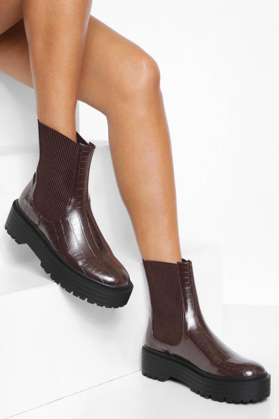 Chocolate Chunky Croc Chelsea Boots image number 1