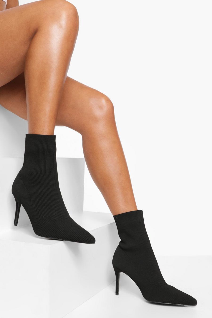 Botas estilo calcetín de holgura ancha de tela con tacón de aguja, Black negro