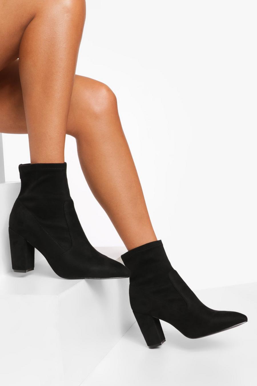 Black Wide Width Block Heel Sock Boots