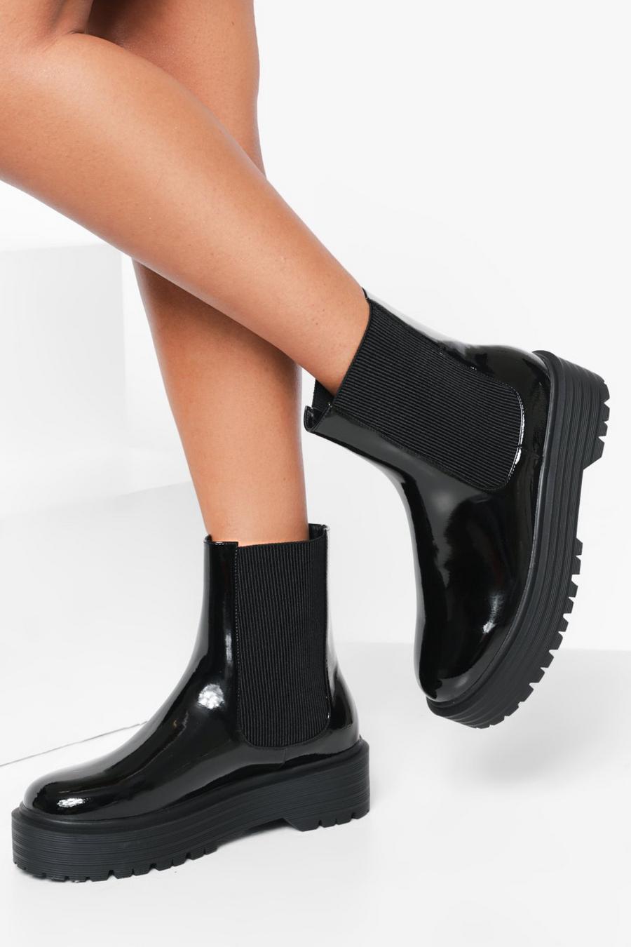 Black Wide Fit Chunky Patent Chelsea Boots image number 1