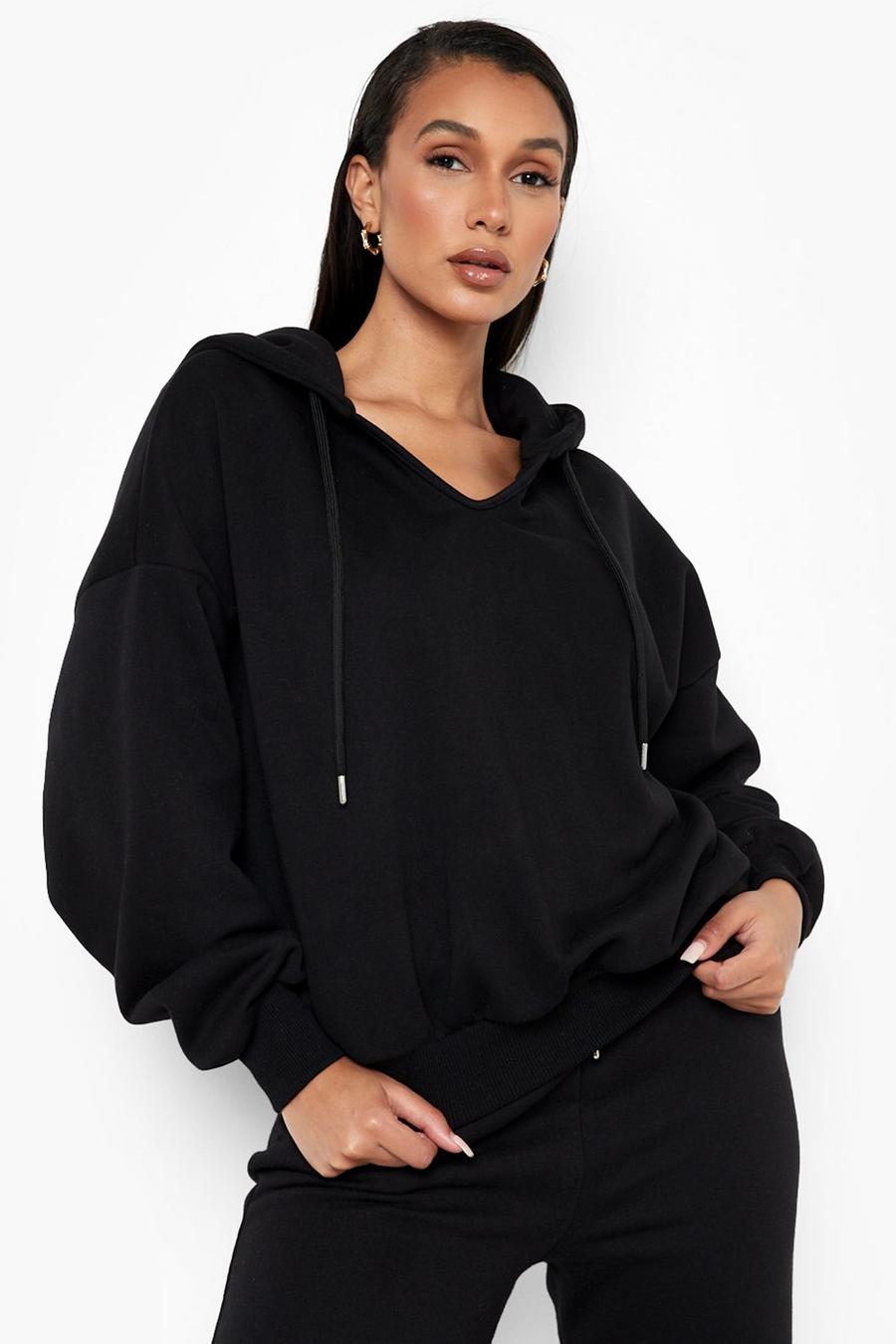 Black Balloon Sleeve Notch Front Hoodie image number 1