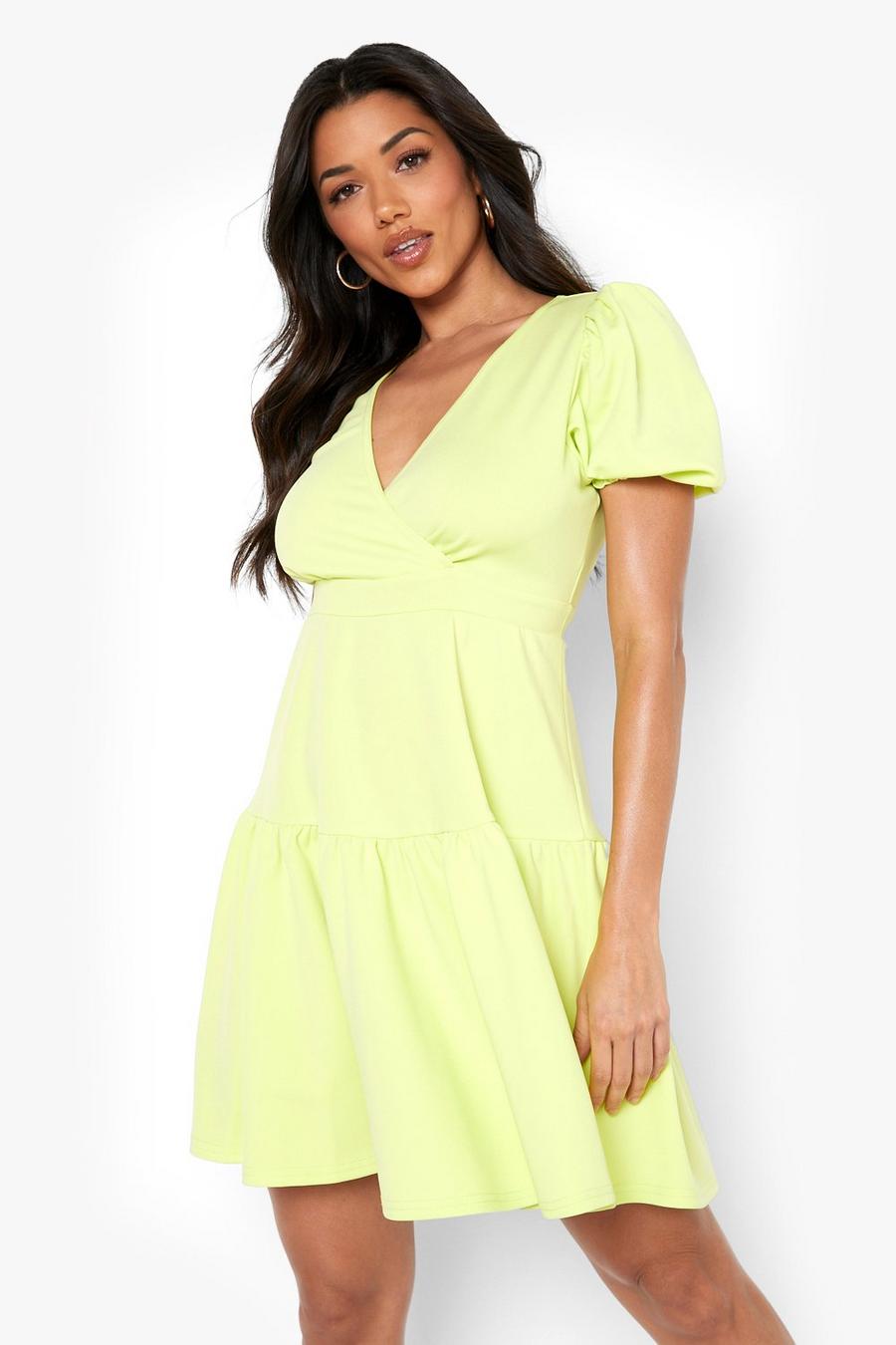 Lime Scuba Puff Sleeve Tiered Skater Dress image number 1
