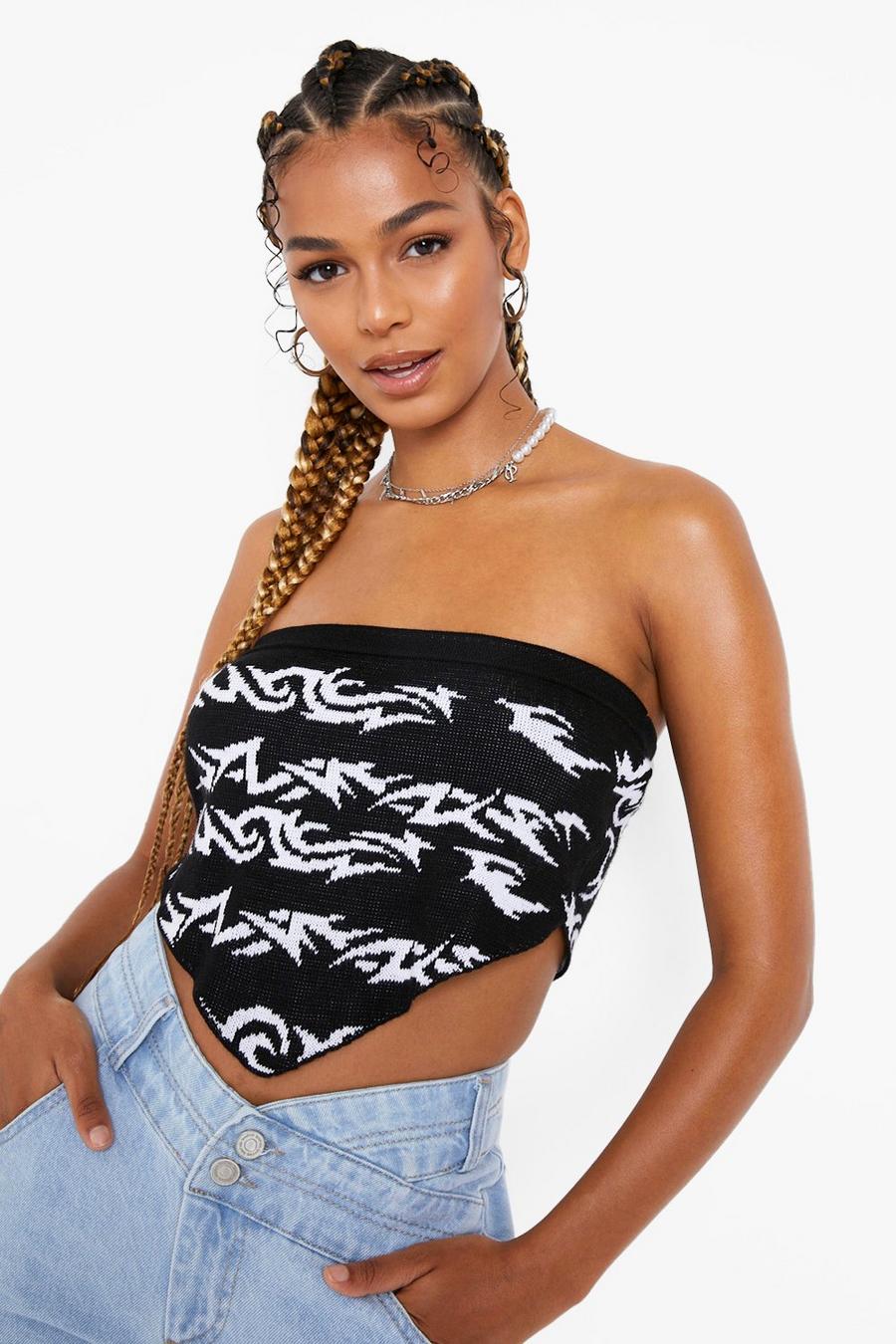 Black Knitted Tattoo Graphic Bandana Top image number 1