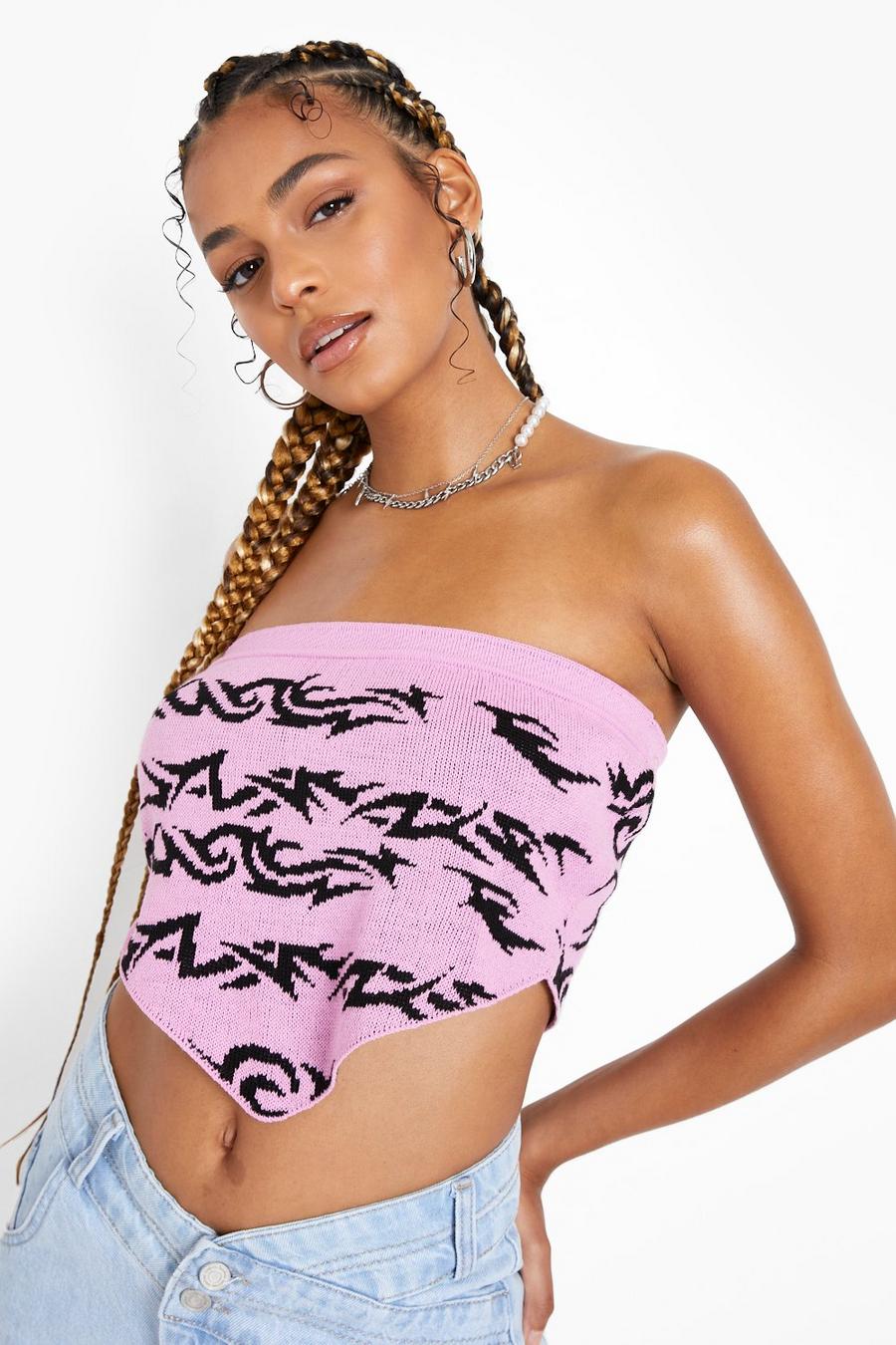 Pink Knitted Tattoo Graphic Bandana Top image number 1