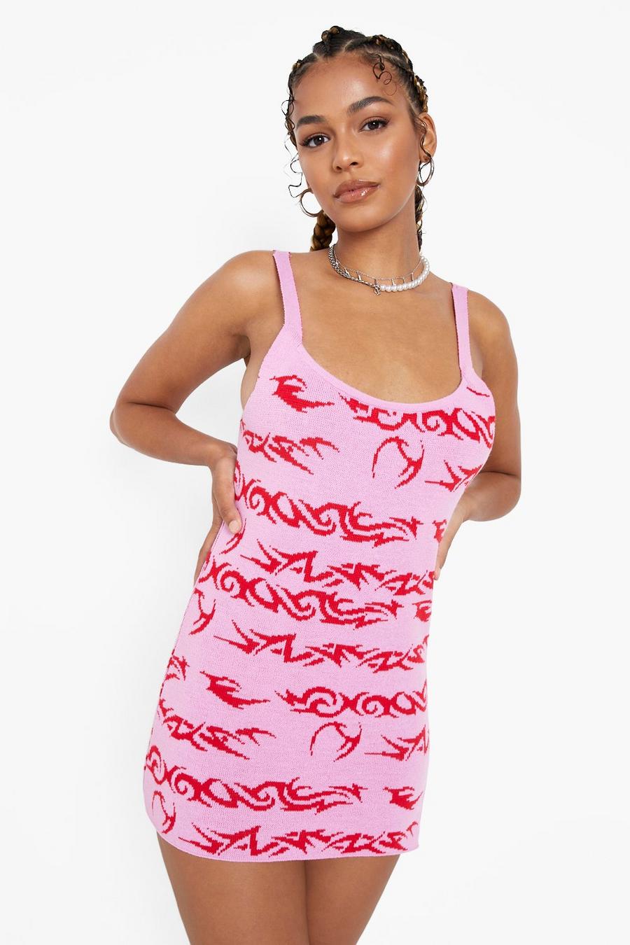 Vestido mini de punto con estampado gráfico de tatuaje, Pink image number 1