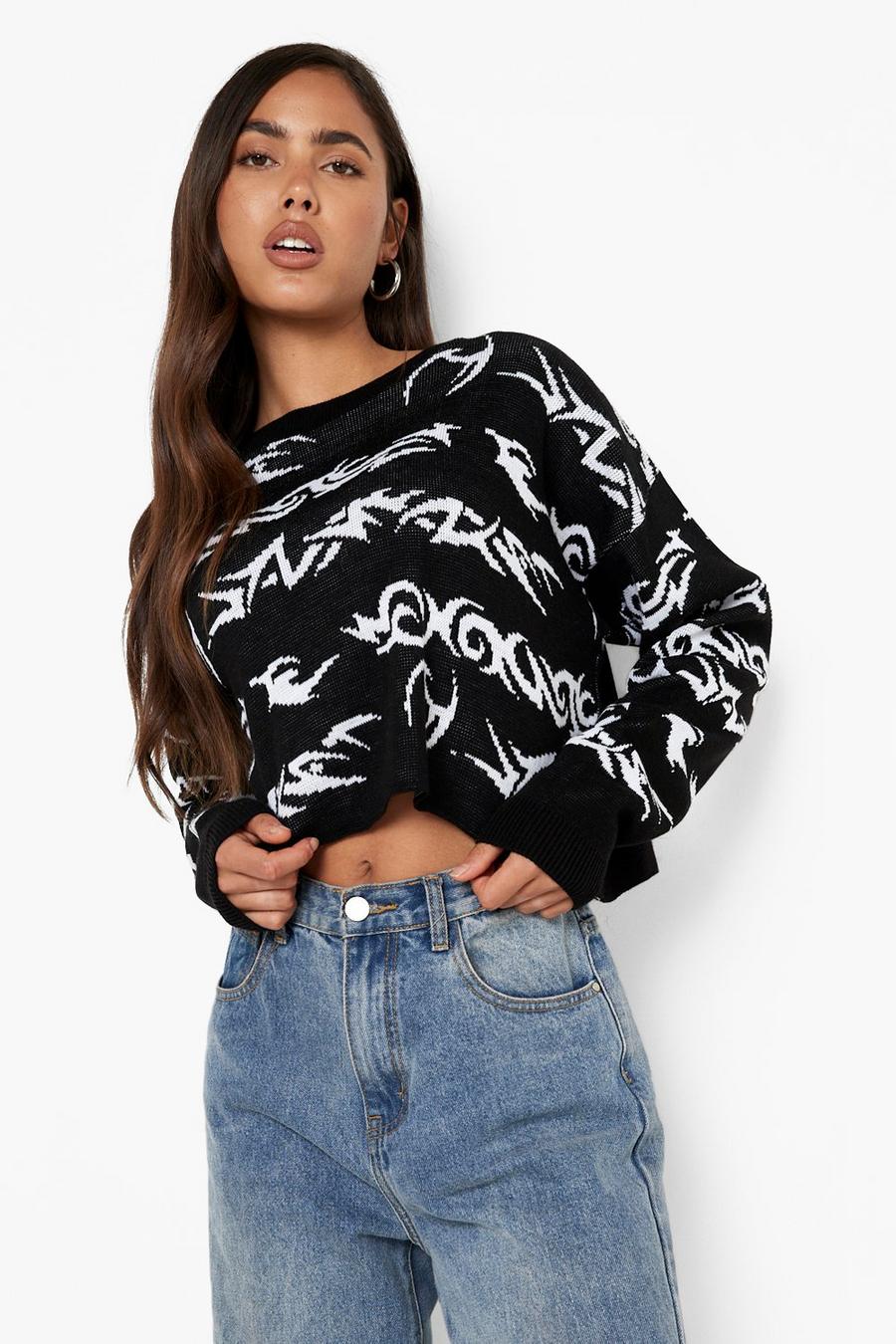 Black Tattoo Graphic Cropped Jumper image number 1