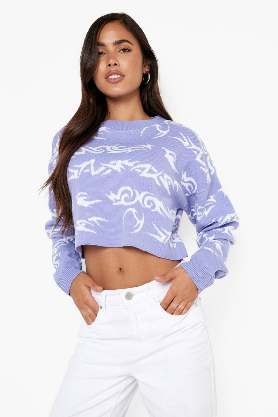 Lavender Kort stickad tröja med mönster image number 1